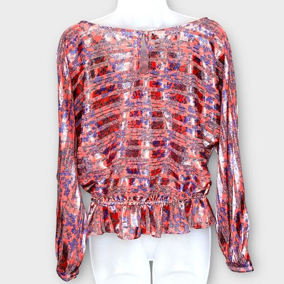 FREE PEOPLE Branches and Blossoms Blouse Sheer Stripe Coral Summer Size Small - Picture 2 of 5